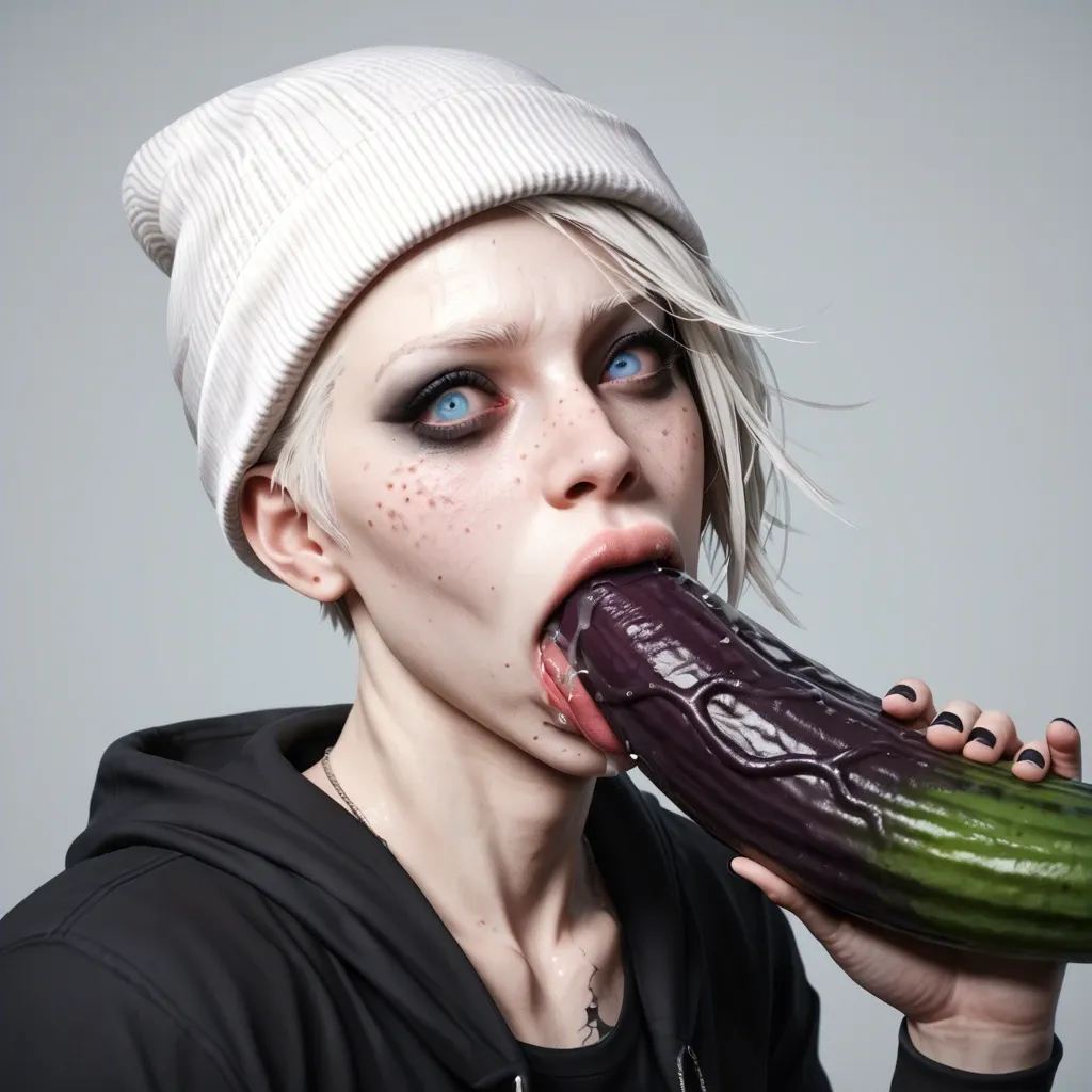 1femboy,male,3d,penis,albino,freckles,pixie cut,thick lips,blue eyes,beanie,holding hyper eggplant ,object deepthroat,tongue,saliva,mouth insertion,crazy face,object in hand,emo makeup,