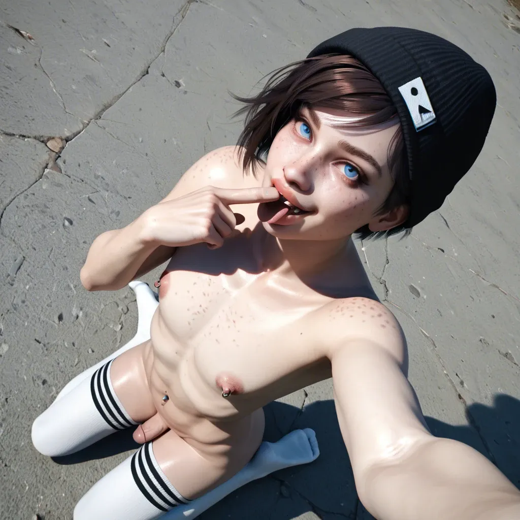 1femboy,male,3d,hard penis,albino,freckles,pixie cut,thick lips,smile,brunette,blue eyes,beanie,thigh socks,navel piercing,full body high-angle selfie,one finger in mouth,big nipple ring