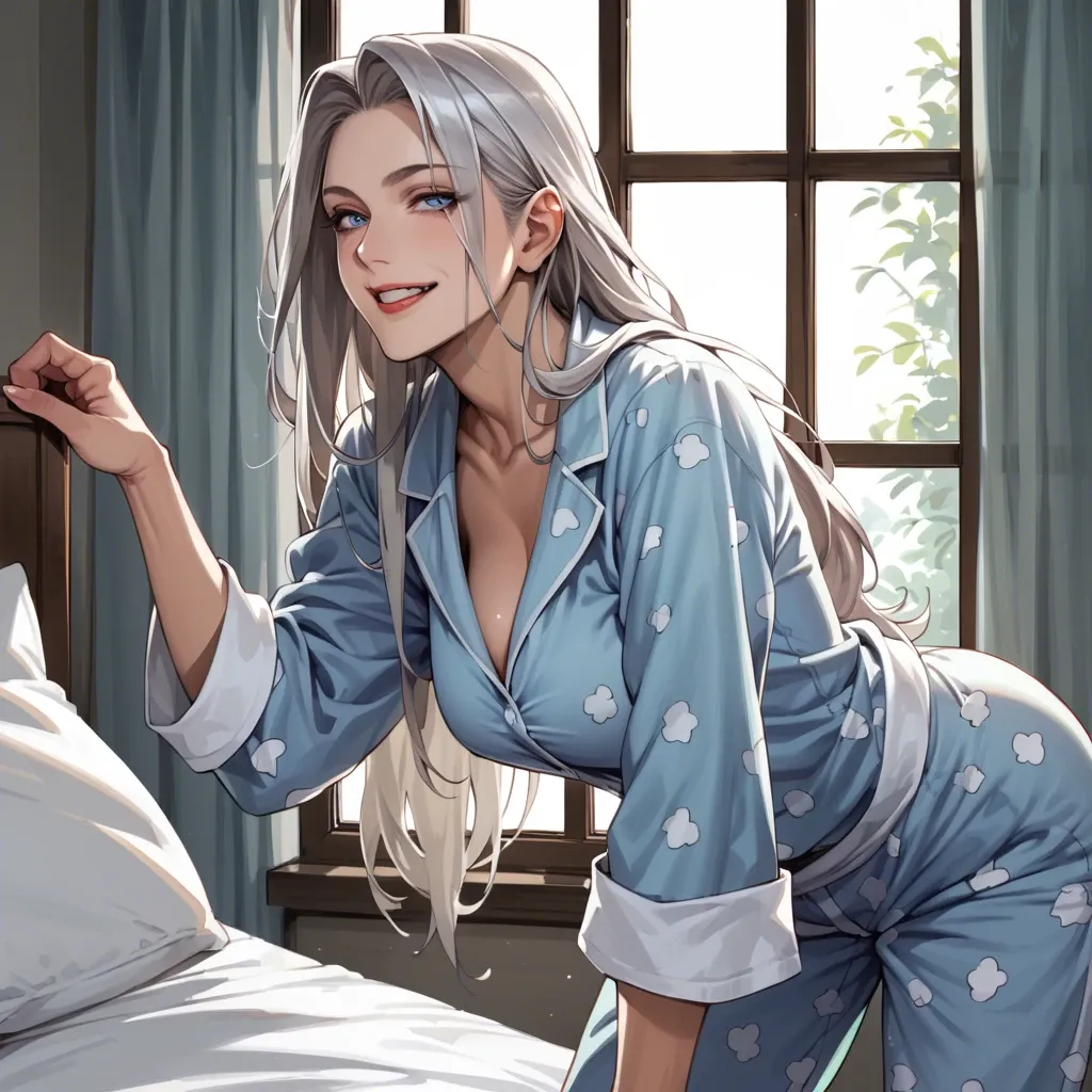 long hair, silver hair, milf, smiling, loose pajamas, big boobs, blue eyes, bedroom window, bending over