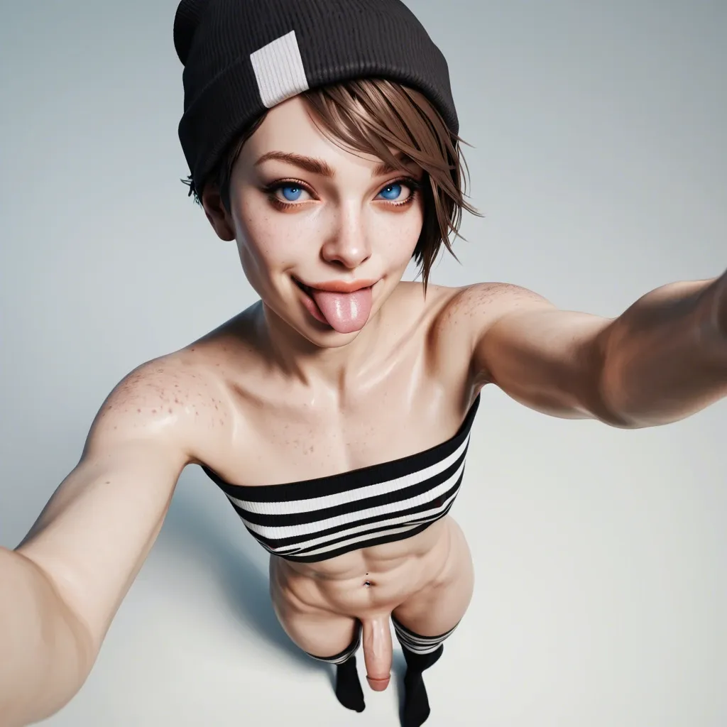 1femboy,male,3d,penis,albino,freckles,pixie cut,tube top,thick lips,perfect smile,brunette,blue eyes,beanie,thigh socks,navel piercing,full body high angle selfie,one finger in mouth