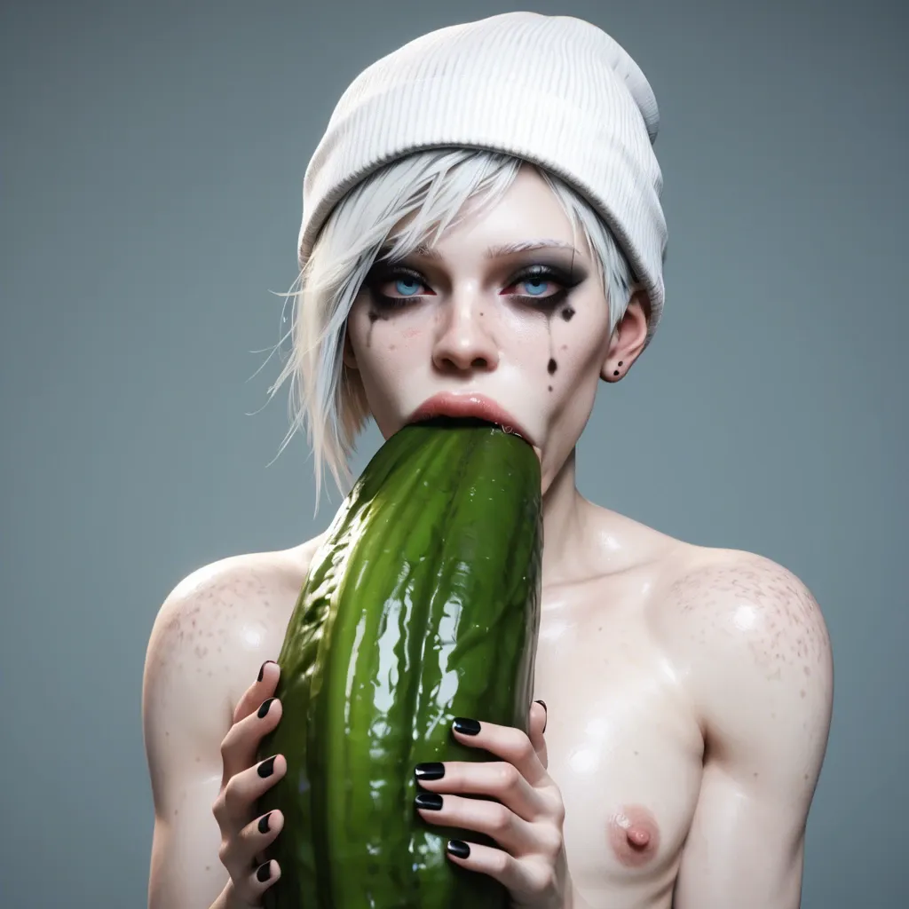 1femboy,male,3d,penis,albino,freckles,pixie cut,thick lips,blue eyes,beanie,holding hyper eggplant ,object deepthroat,tongue,saliva,mouth insertion,solo,object in hand,emo makeup,crazy expression