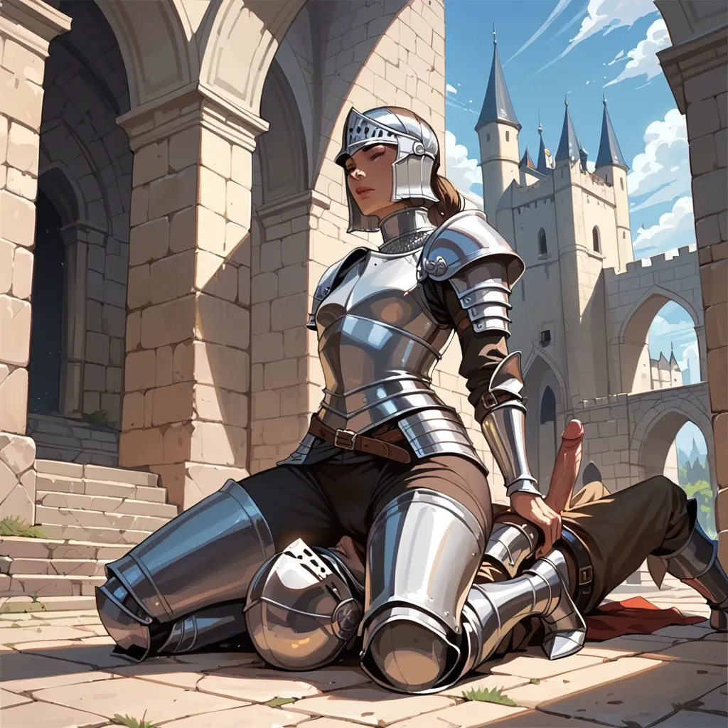 Knight flat-chested female, femdom, castle, armor, clothes, pants, facesitting,