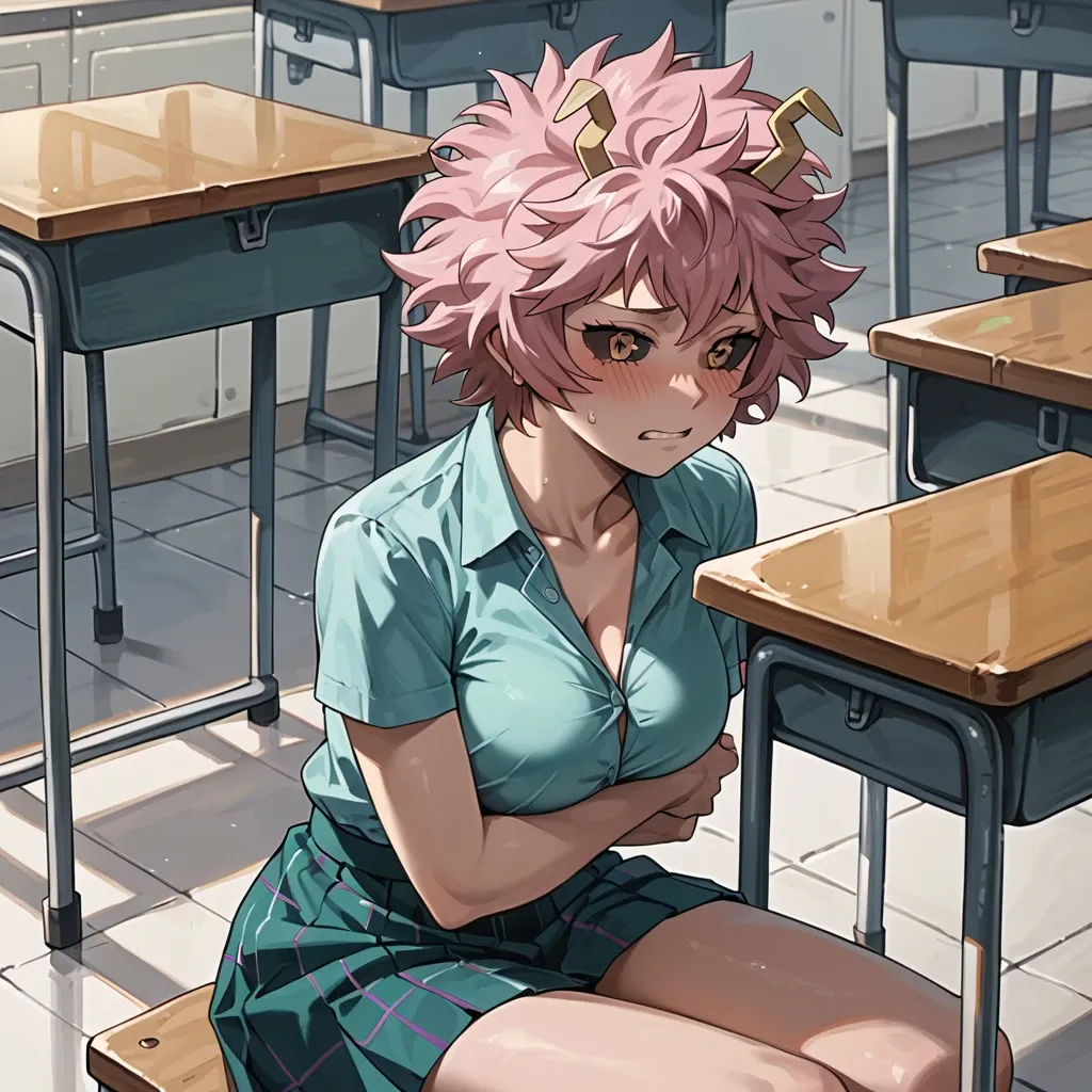 Mina ashido my hero academia naked embarrassed at a school desk sitting blushing no clothes