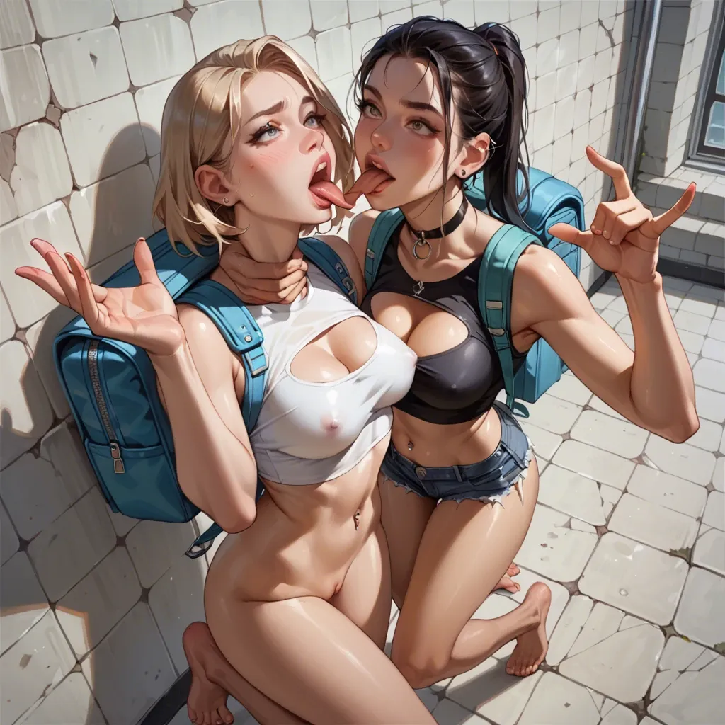 2girl, , , , reaching out,sucking finger,medium breasts,navel piercing,hold neck, shiny tongue,5 toes,cleavage cutout,slim waist,bare shoulders, rosy cheeks,barefoot,nipple sucking,backpack,impaled, tight tank top,gold anklets,belts,white swimsuit,stiletto heels, black shirt,blue stockings,golden necklace,crotchless,ballet shoes, black skirt,white socks,belts,pink corset,stiletto heels, maebari, piledriver, tavern setting, couch, princess zelda, spider-gwen, miku hatsune