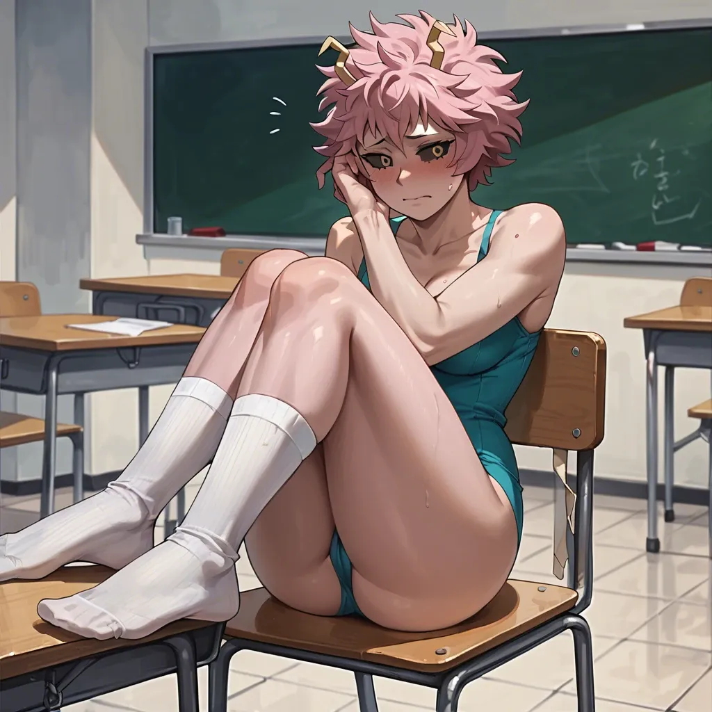 Mina ashido my hero academia naked embarrassed at a school desk sitting legs crossed covering self blushing