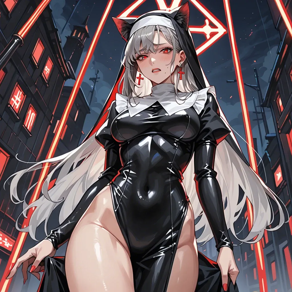 Anime girl with gray hair, cat ears and a sexy latex nun costume stands against the backdrop of a night city illuminated by a red neon glow,