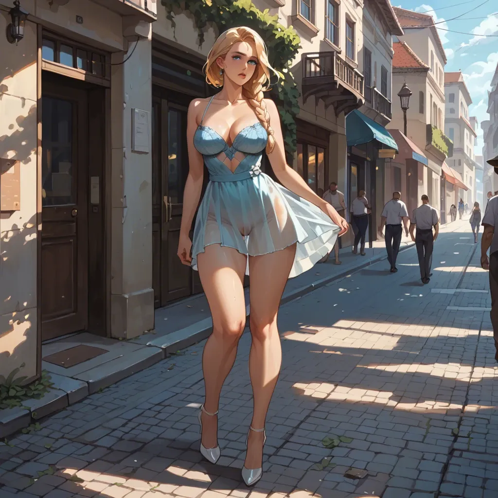 A Blonde girl with braid, blue eyes, thin body. She is walking in a beautiful street with a lot of people. Lot of sun. Sunlight by transparency, She is wearing a nice  summer mini dress and high heels. Shapes of her body under the dress. By transparency we can see the shape of her body through the dress. She is excited, her pussy is dripping on the top of her thighs.  View:  low-angle view, close-up Nice light effect. Ultra realistic.  Highly detailed.  Awesome art work.  Explicit scene Adulte content. 3D pretty. NSFW