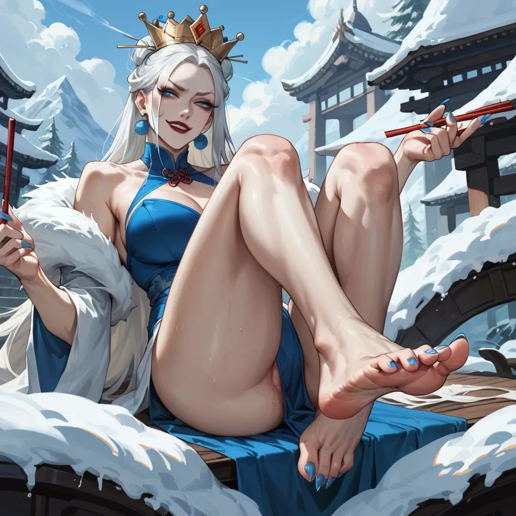 Female chinese sect leader,white hair,blue eyes,white toenails,sharp long toe nails,hair sticks,smug,asian snow queen,present feet,thro