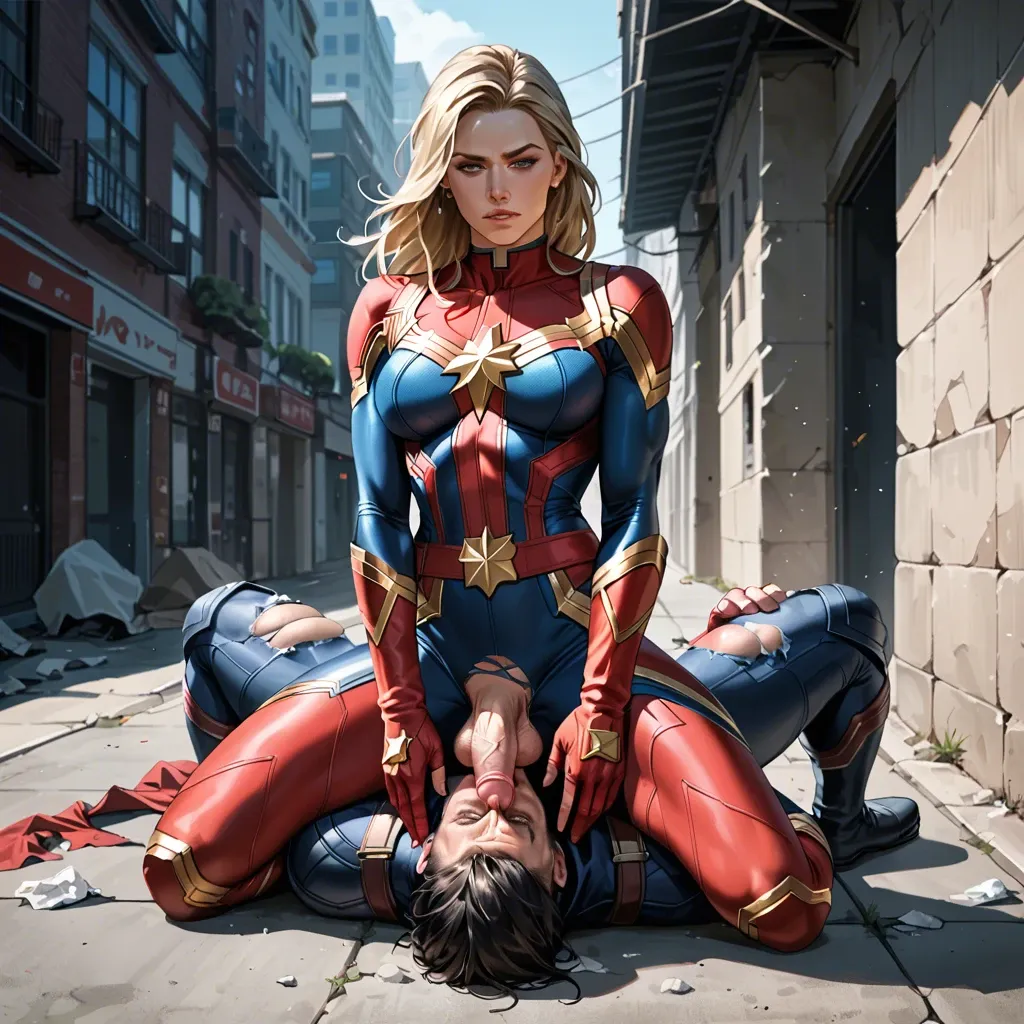 Strong Captain Marvel futanari, femdom, facesitting, clothes, costume, strong pose, destroyed city, balls on face, big dick