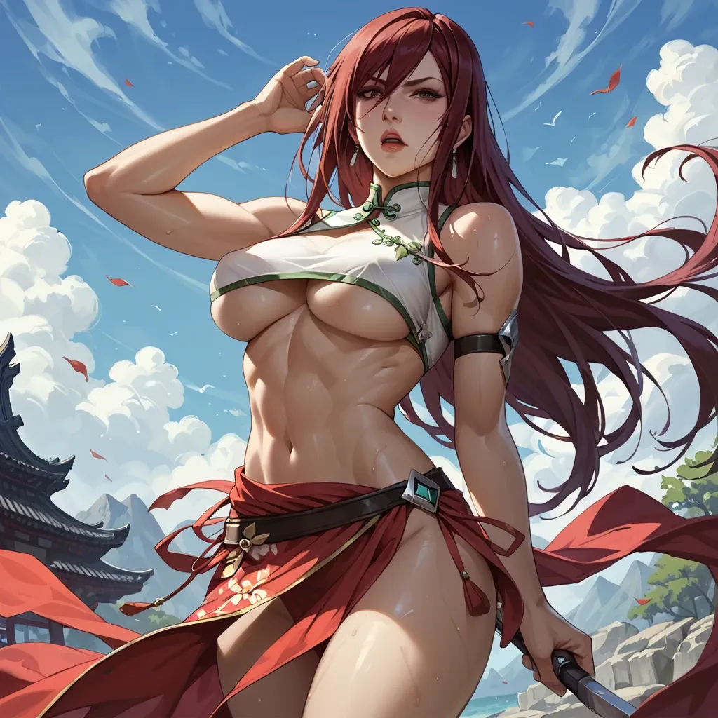 Erza Scarlet, qipao crop top, sarong, underboob, midriff