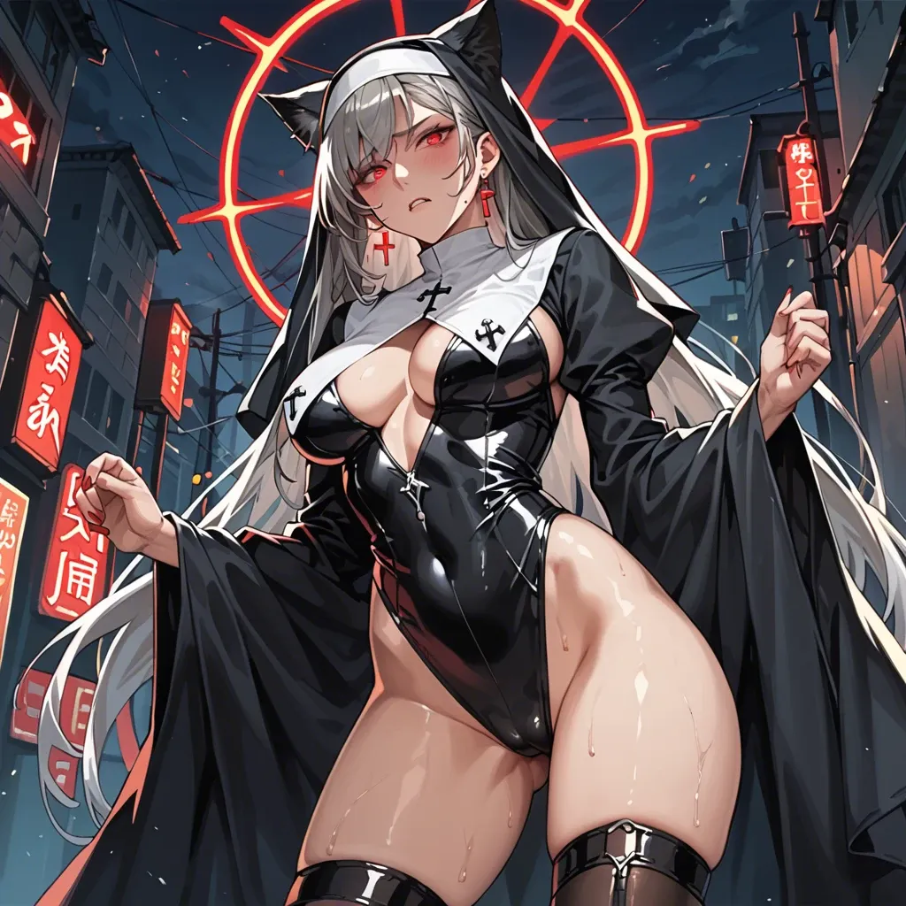 Anime girl with gray hair, cat ears and a sexy latex nun costume stands against the backdrop of a night city illuminated by a red neon glow,