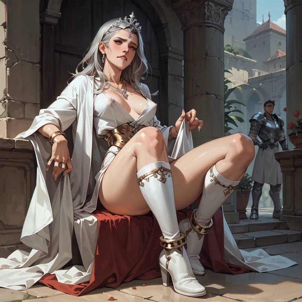 1girl,1boy, , , , biting own lip,thin thighs,nipple ring,narrow waist,necklace, robe,anklets,silver tiara,one-piece,white boots, pulling shirt,knee socks,hand on panties,no panties,armored boots, torn dress,lace lingerie,cap,crotchless,sandals, cyberpunk, candid camera, high detailed, bright lighting, zelda sd, wonder woman, rei ayanami