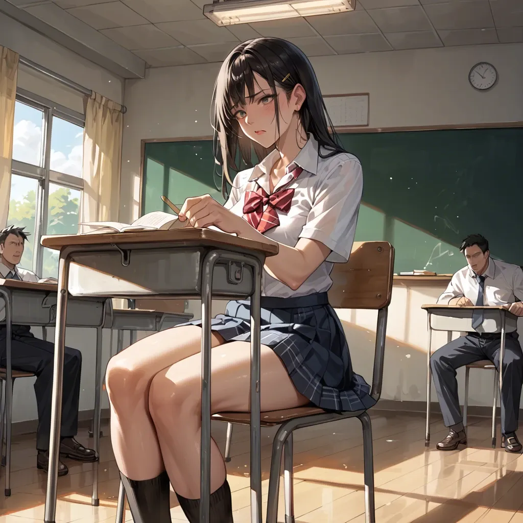 Young schoolgirl naked sits in a crowded classroom and jerks off