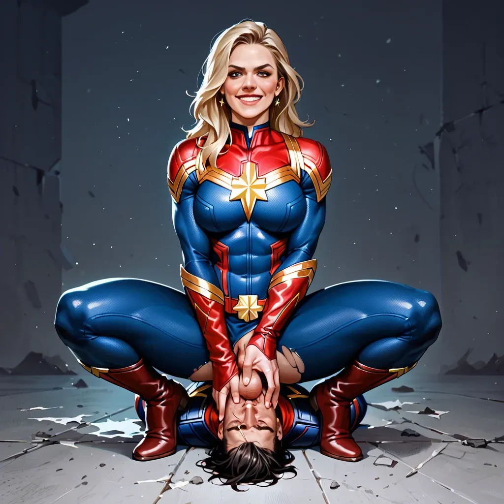 Smile Captain Marvel futanari, femdom, facesitting, clothes, costume, strong pose, destroyed city, balls on face, big dick