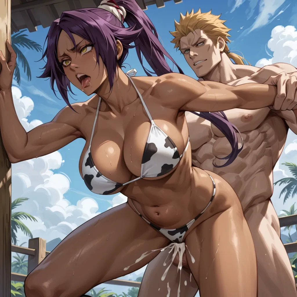 Bleach, Yoruichi, big breasts and thighs in A cow bikini, getting fucked, belly bulge