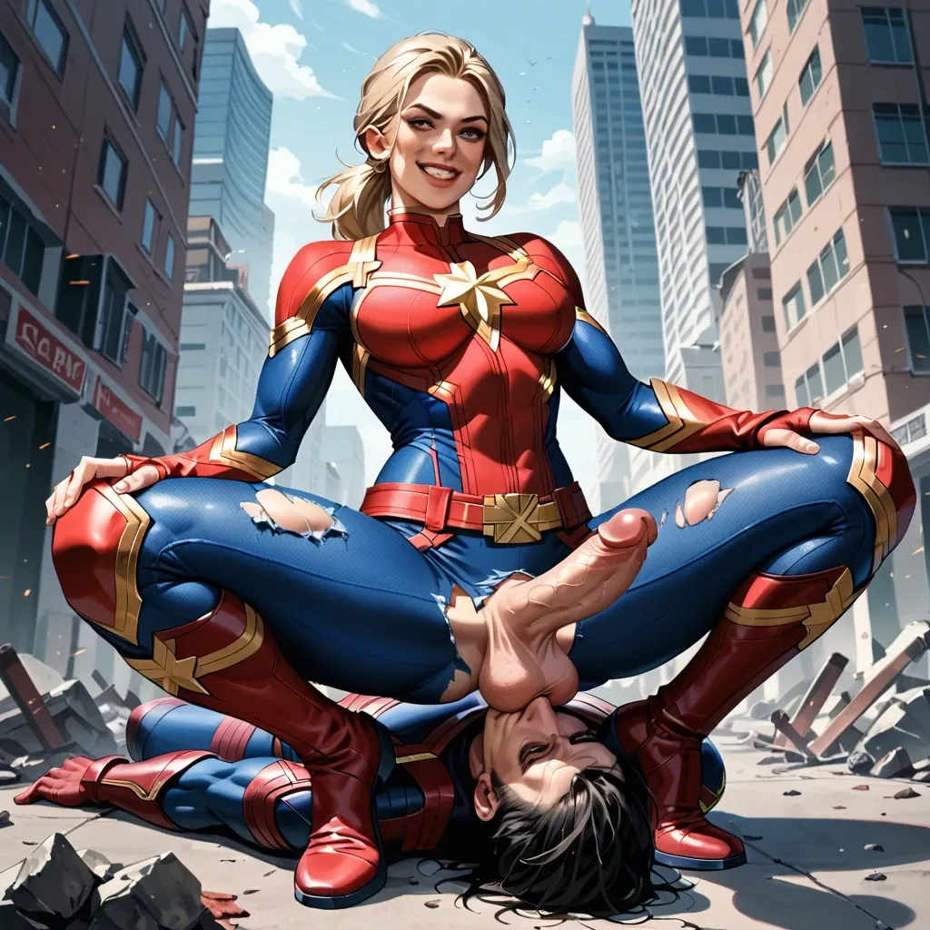 Smile Captain Marvel futanari, femdom, facesitting, clothes, costume, strong pose, destroyed city, balls on face, futanari big dick