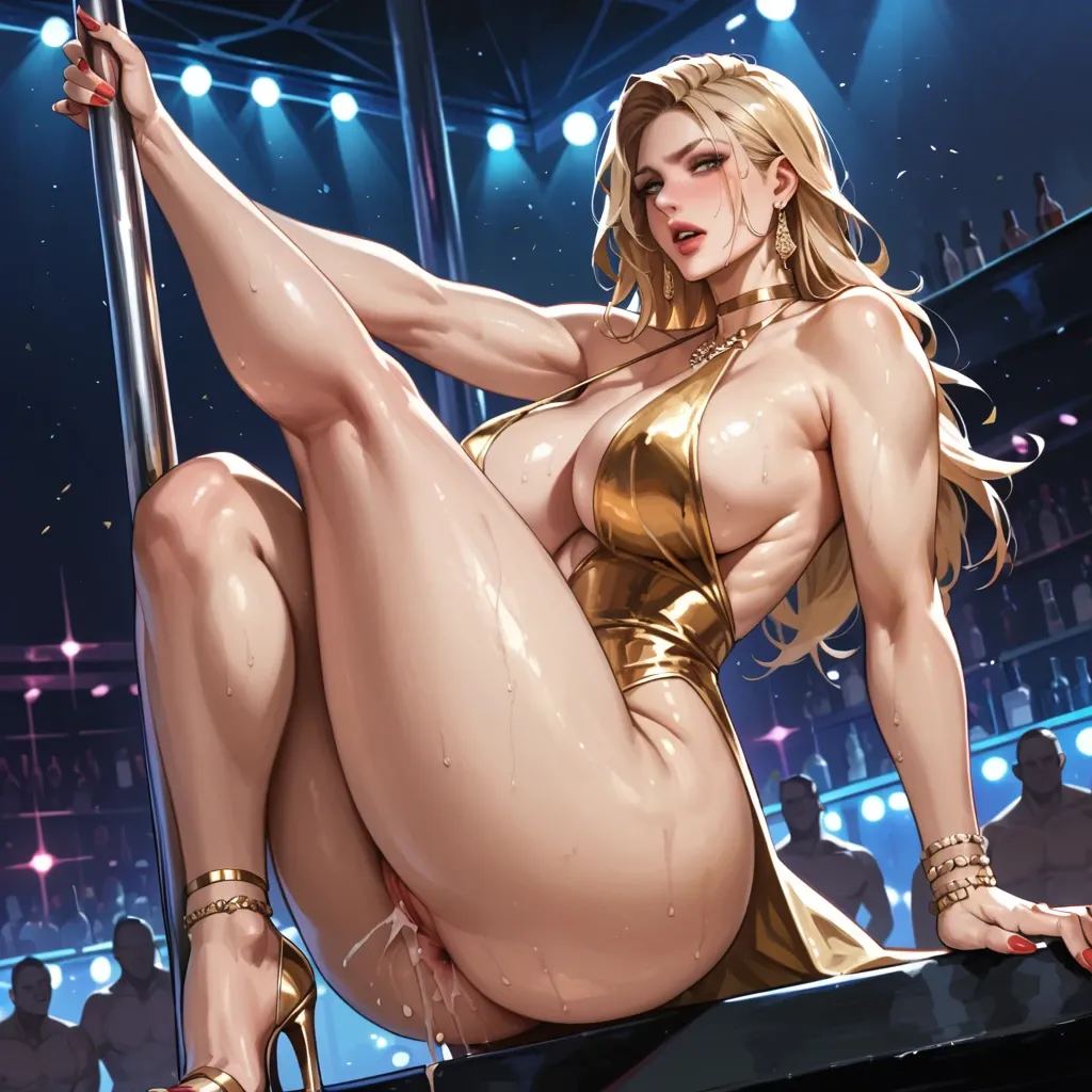 Blonde Girl with massive tits and massive butt wearing a Poledancer Dress fucking with the barkeeper in a Nightclub ON stage while Pole dancing