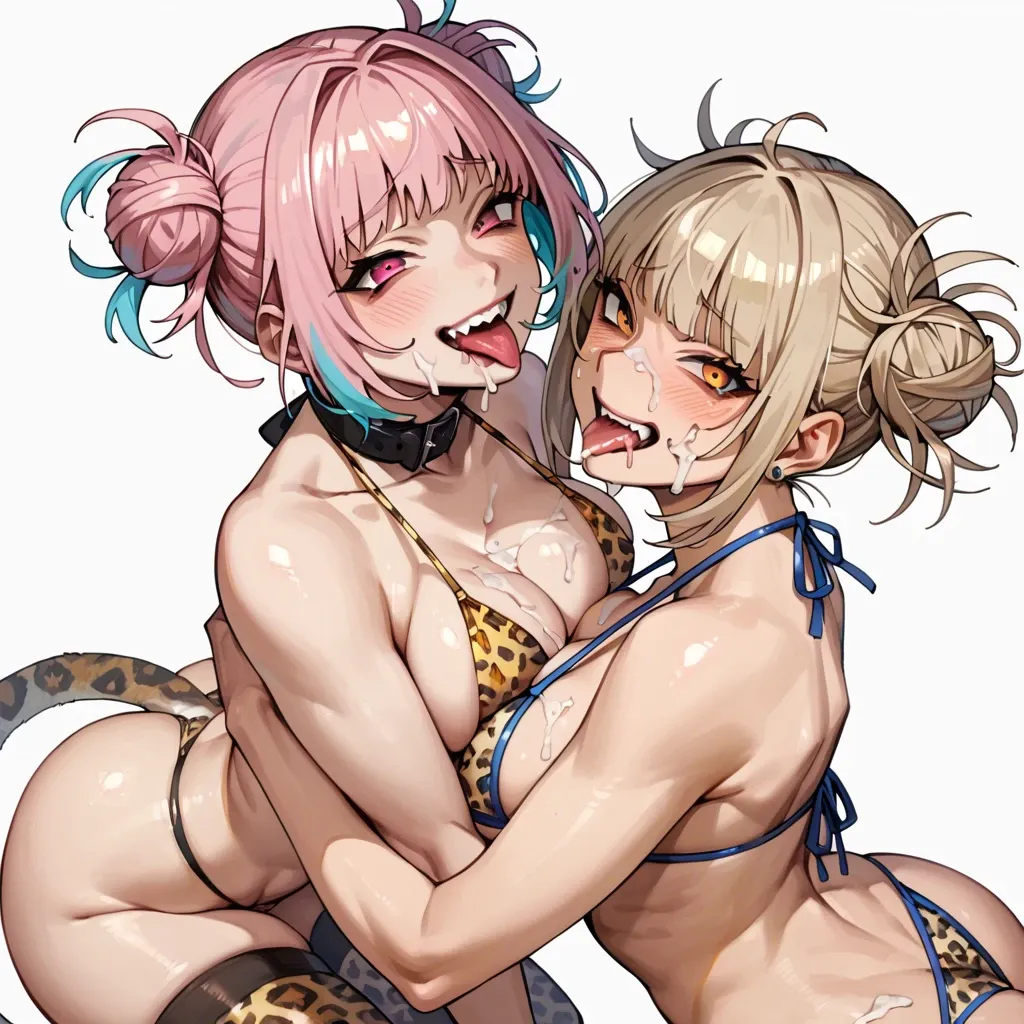 2 girls, Himiko Toga and Yumemi Riamu, big tits and ass, cum on face and tits, ahegao face, smiling, leopard pattern bikini, leopard pattern stockings, hugging, condoms on body