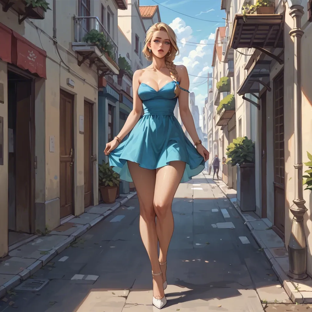 A Blonde girl with braid, blue eyes, thin body. She is walking in a beautiful street with a lot of people. Lot of sun. She is wearing a nice  summer mini dress and high heels. Shapes of her body under the dress. By transparency we can see the shape of her body through the dress. She is excited, her pussy is dripping on the top of her thighs.  View:  low-angle view, close-up Nice light effect. Ultra realistic.  Highly detailed.  Awesome art work.  Explicit scene Adulte content. 3D pretty. NSFW