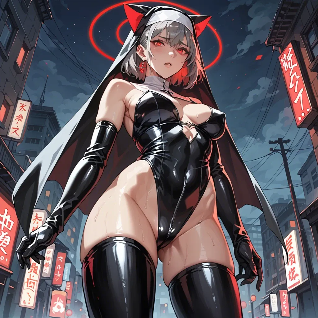 Anime girl with gray hair, cat ears and a sexy latex nun costume stands against the backdrop of a night city illuminated by a red neon glow,