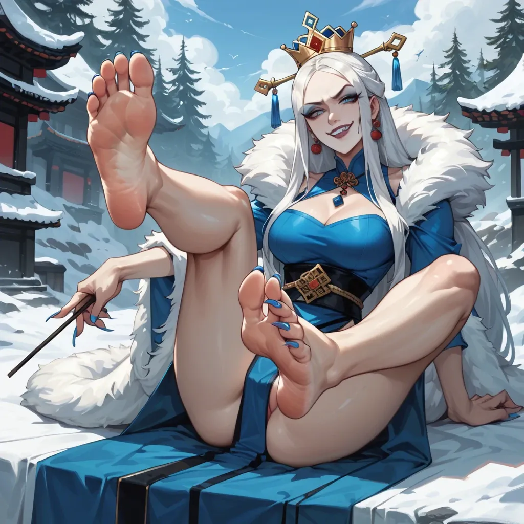 Female chinese sect leader,white hair,blue eyes,white toe nails,sharp long toe nails,hair sticks,smug,asian snow queen,present feet,