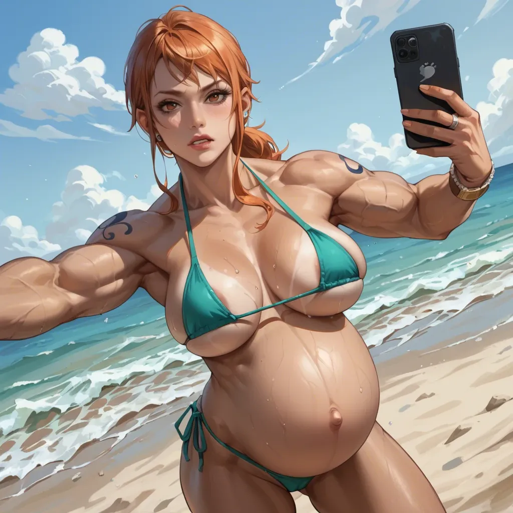 pregnant Nami, bodybuilding muscle, tan skin, micro bikini, selfie in beach