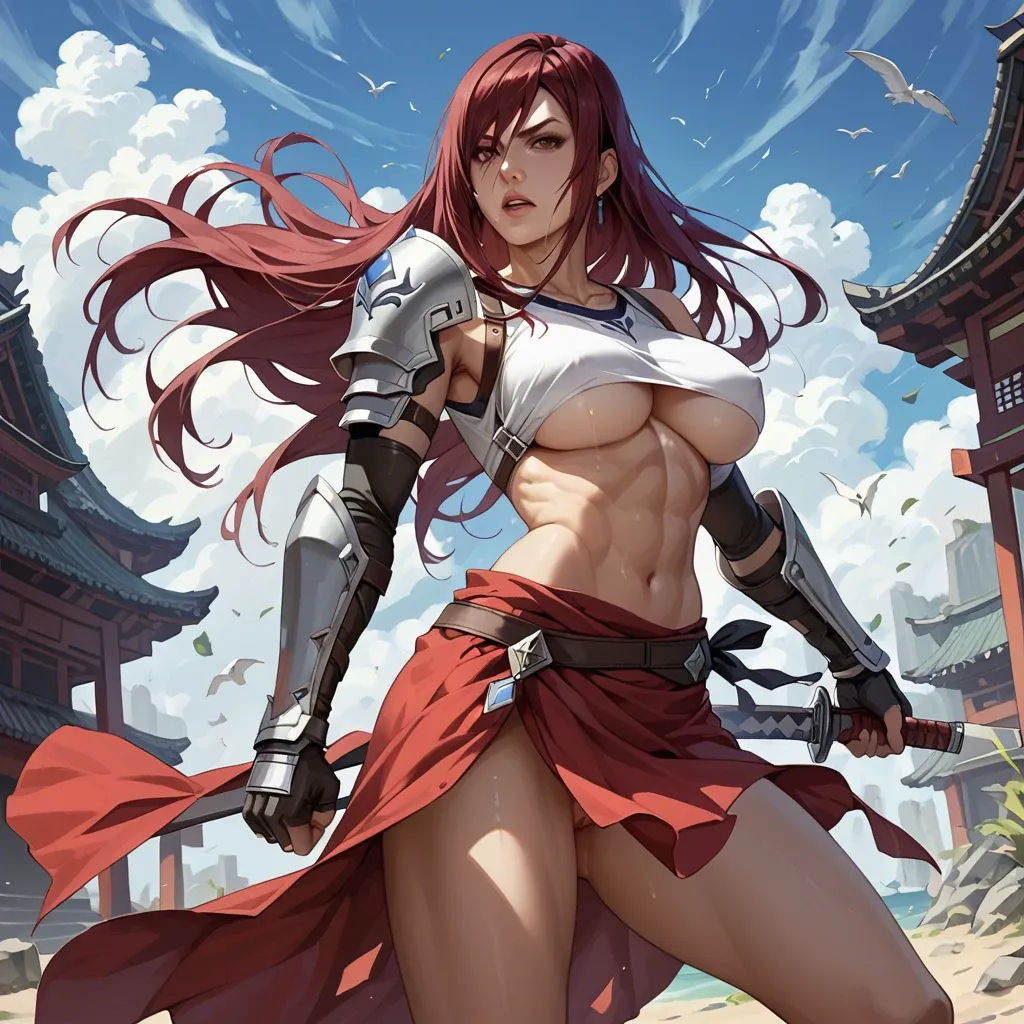 Erza Scarlet, samurai, underboob, sarong