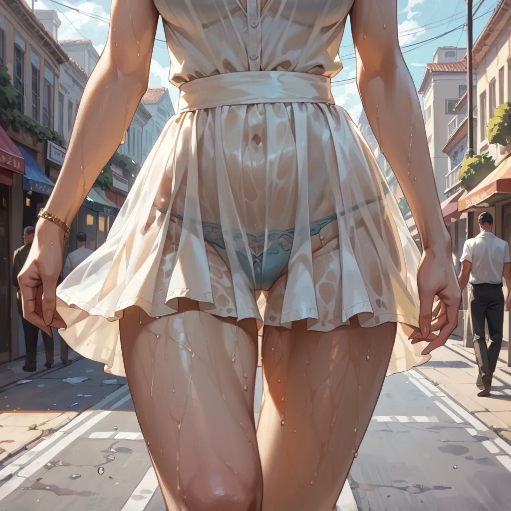 Close-up. A Blonde girl with braid, blue eyes, thin body. the top of her thighs Is wet. She is walking in a beautiful street with a lot of people. Lot of sun. Sunlight by transparency, She is wearing a nice  summer mini dress and high heels. Shapes of her body under the dress. By transparency we can see the shape of her body through the dress. She is excited, her pussy is dripping on the top of her thighs.  View:  from behind the back, low-angle view, close-up Nice light effect. Ultra realistic.  Highly detailed.  Awesome art work.  Explicit scene Adulte content. 3D pretty. NSFW