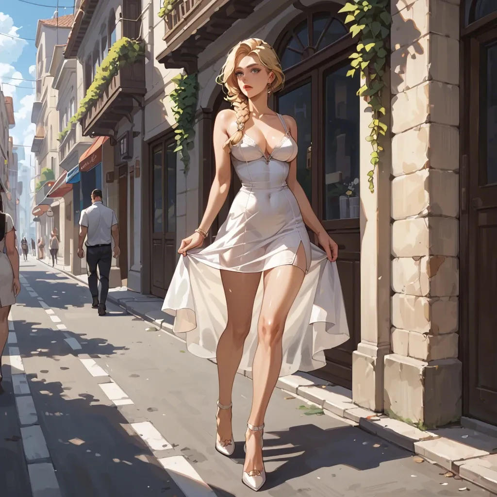 A Blonde girl with braid, blue eyes, thin body. She is walking in a beautiful street with a lot of people. Lot of sun. Sunlight by transparency, She is wearing a nice  summer mini dress and high heels. Shapes of her body under the dress. By transparency we can see the shape of her body through the dress. She is excited, her pussy is dripping on the top of her thighs.  View:  low-angle view, close-up Nice light effect. Ultra realistic.  Highly detailed.  Awesome art work.  Explicit scene Adulte content. 3D pretty. NSFW