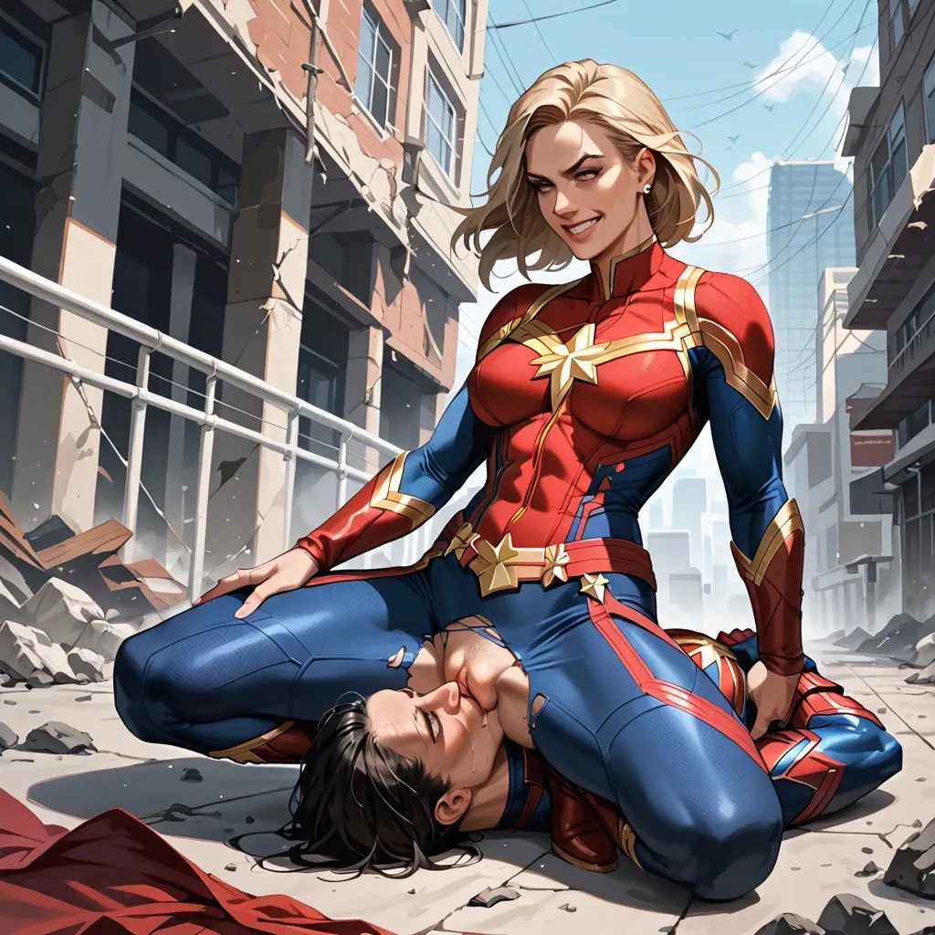 Smile Captain Marvel futanari, femdom, facesitting, clothes, costume, strong pose, destroyed city, deepthroat, futanari big dick