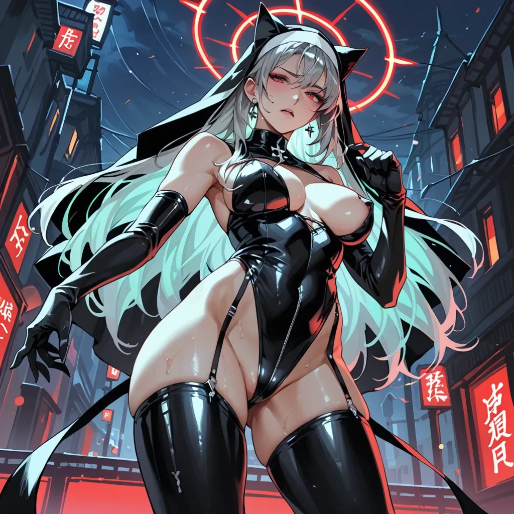 Anime girl with gray hair, cat ears and a sexy latex nun costume stands against the backdrop of a night city illuminated by a red neon glow