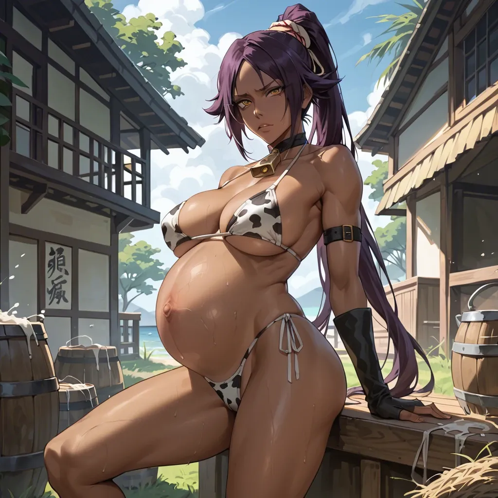 Bleach, Yoruichi, big breasts and thighs in A cow bikini, pregnant