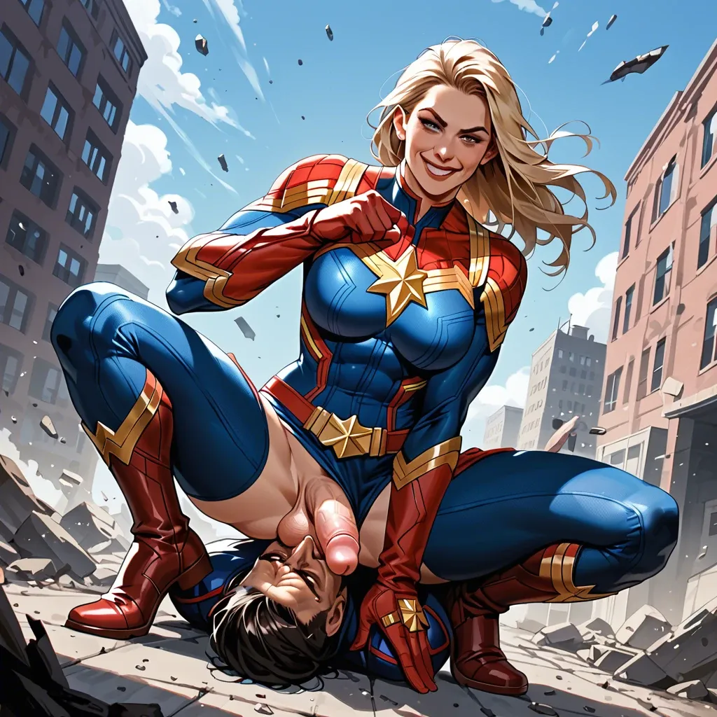 Smile Captain Marvel futanari, femdom, facesitting, clothes, costume, strong pose, destroyed city, balls on face, futanari big dick