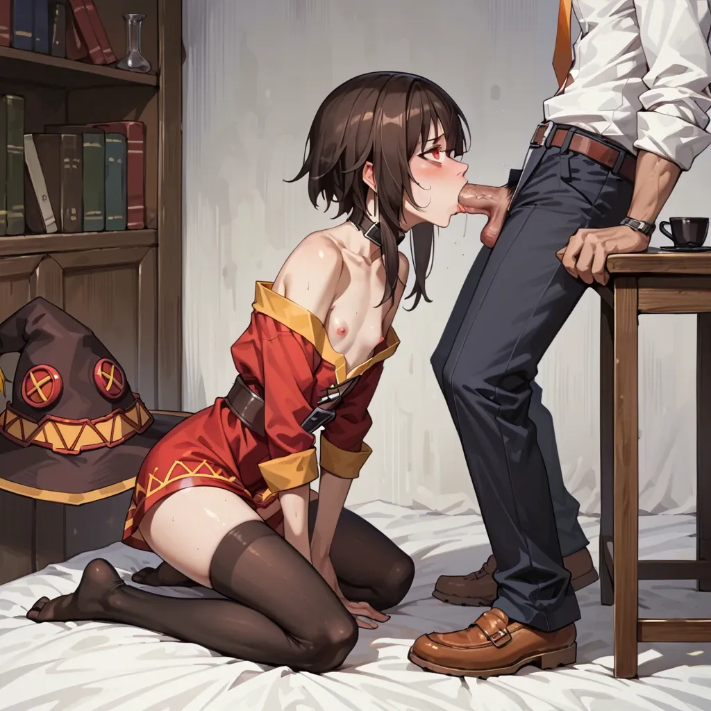 Megumin konosuba, flat chest, slim, dressed, rolled eyes, deepthroat, kneeling, no shoes, stockings