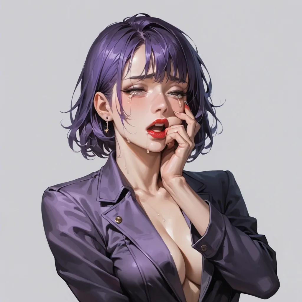 Russian 18 y.o girl, oval cute face, slightly puffed cheeks, tears and orgasmic expression, lipstick and black eyeliners, purple hair with bangs, dressed in unbuttoned suit jacket, masturbation solo, thin and elegant fingers with a watch golden rings, spread legs in black heel sandals, sitting on the school desk. Full body view, realistic