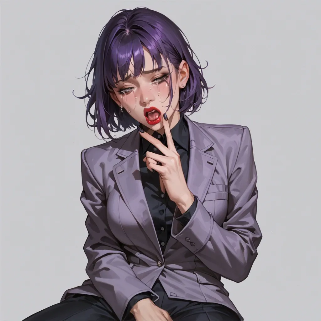 Russian 18 y.o girl, oval cute face, slightly puffed cheeks, tears and orgasmic expression, lipstick and black eyeliners, purple hair with bangs, dressed in unbuttoned suit jacket, masturbation solo, thin and elegant fingers with rings, spread legs in black heel sandals, sitting on the school desk. Full body view, realistic