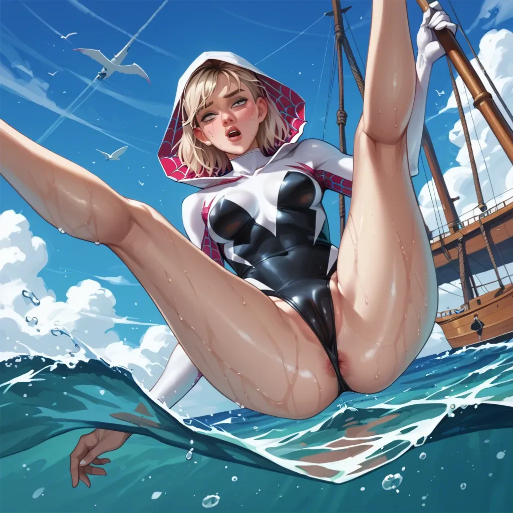 Full Swimsuit on water, spider Gwen, ship, cry, anus