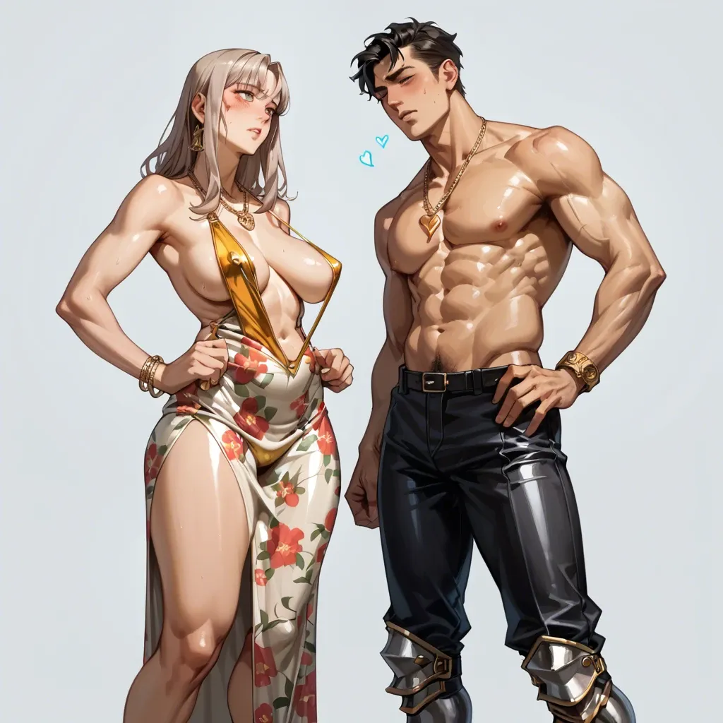 1girl,1boy, , , , hot cat eyes,shiny clothes,saggy boobs,absurd details,kittan bachika, floral dress,heart necklace,strings,sling bikini,armored boots, pencil skirt,gold anklets,bracelets,bra,stiletto heels, piledriver, castle, stool, lara croft, elsa, ariel waifu