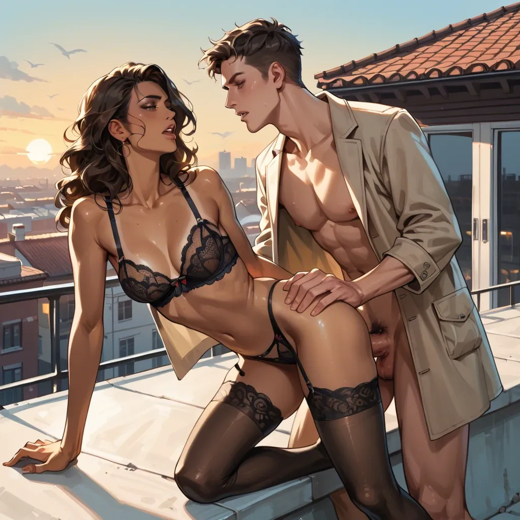 in a roof top, dusk,skinny, tanned, Sand Suede Coat ,in black stockings, with curly brown hair,beautiful breasts,sex,sexy lingerie