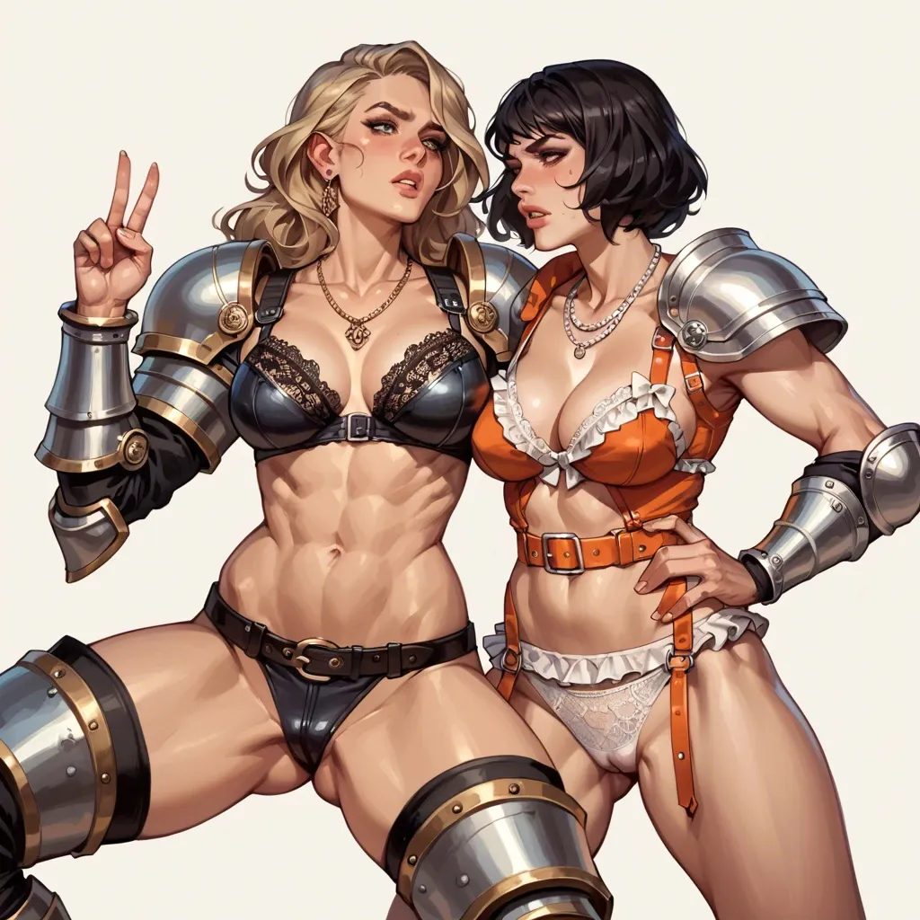 2girl, , , , eye catching,legs apart,lips on nipple,breastfeed,necklace, cheek press,v fingers,big perky boobs,back view,fat neck, underpants,lace bra,belts,frilled bikini,armored boots, sundress,white pantyhose,detached collar,white panties,sneakers, bedroom, sparkles, medieval prison, close camera, tape bondage, linked collars, wonder woman, mari makinami